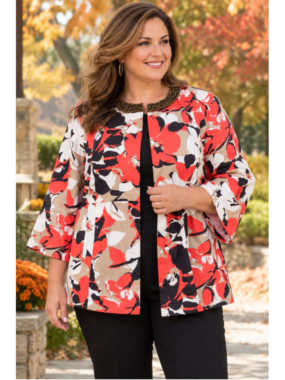 Women's Lane Bryant Floral Beaded Blouse Size 20 Red Black